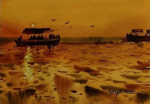 Evening Glory (Golden Hour**) by Rupesh Patil, Original Watercolor Seascape Painting on Paper, Small Horizontal Wall Art