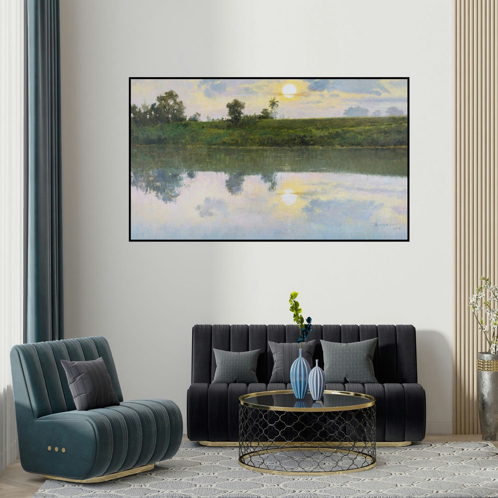 Bhargavkumar Kulkarni's 'Evening Light' painting visualized above a sofa in a contemporary room.