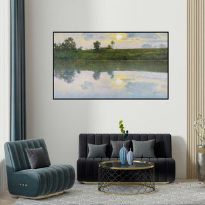 Bhargavkumar Kulkarni's 'Evening Light' painting visualized above a sofa in a contemporary room.