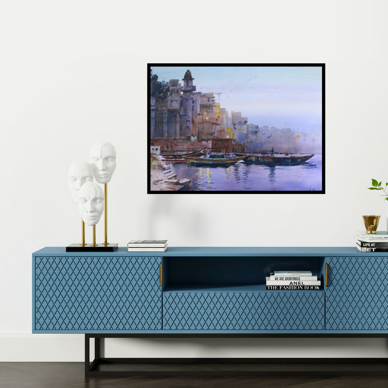 Preview of 'Evening In Paradise (Evening at the Ghats of Varanasi)' Painting by Anupam Chauhan shown on a wall in a furnished room.