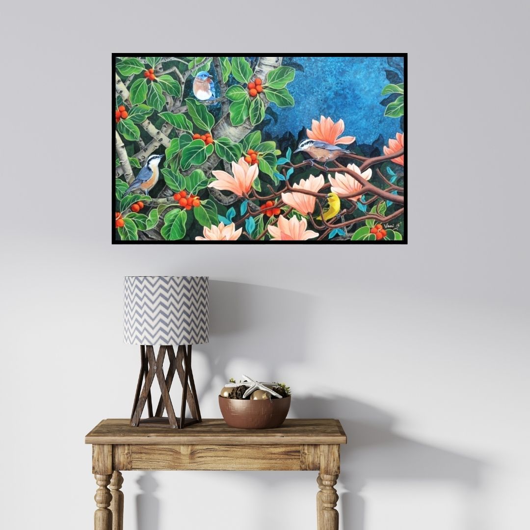 In-situ view of Vani Chawla's 'Evening Song 5 (Spring Symphony)' painting in a room