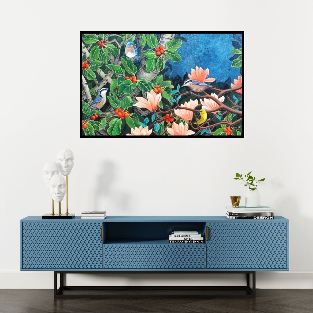 Preview of 'Evening Song 5 (Spring Symphony)' Painting by Vani Chawla shown on a wall in a furnished room.