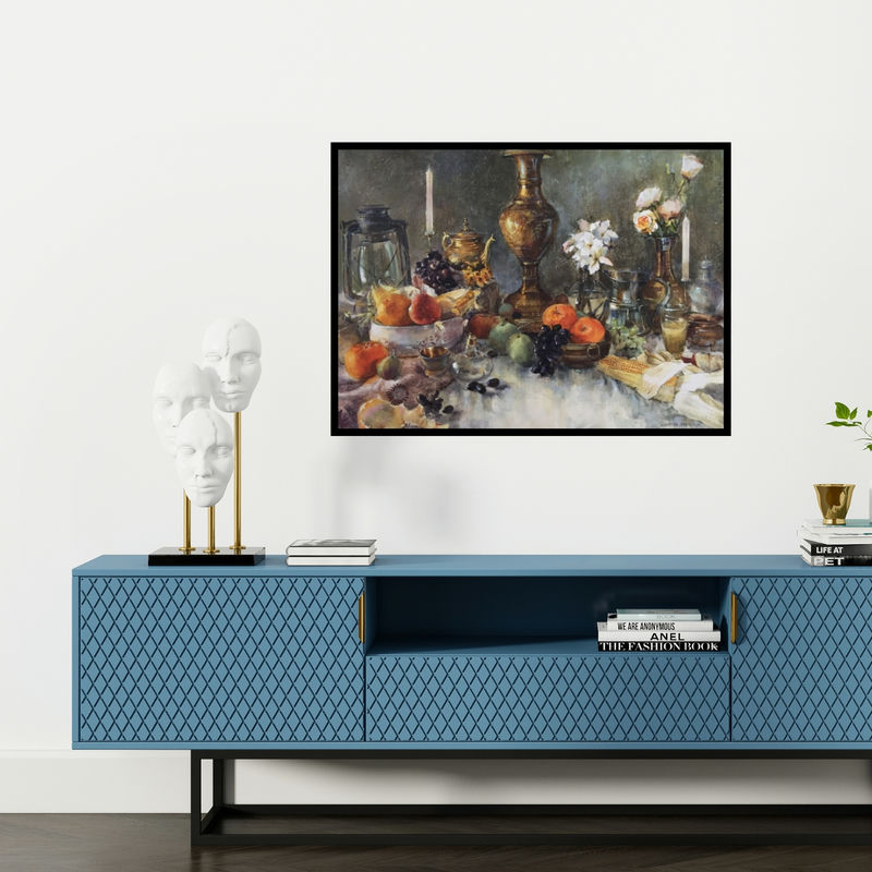 Preview of 'Every Object Has Feeling (Still Life with Lanterns and Fruit)' Painting by Shadab Kazi shown on a wall in a furnished room.