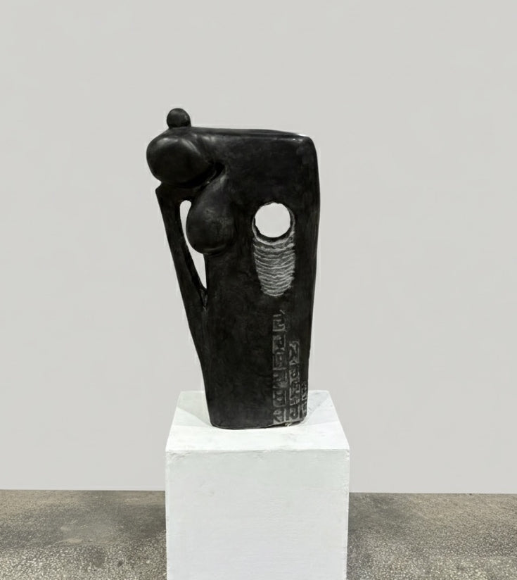 'Is This Everything' figurative Black Marble sculpture by artist Sahil Mehra, 36x24 inch, on black marble