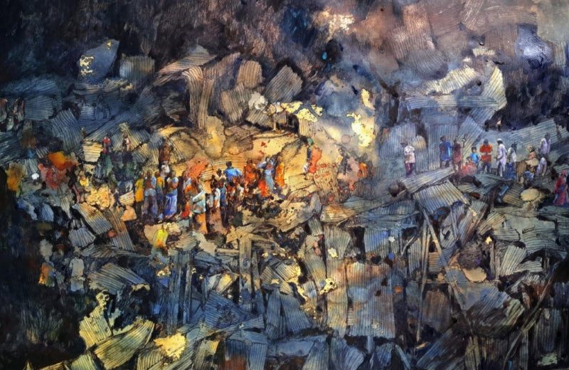 Eviction 1' figurative mixed-media painting by artist Krishnapada Maity, 30x44 inch, on paper