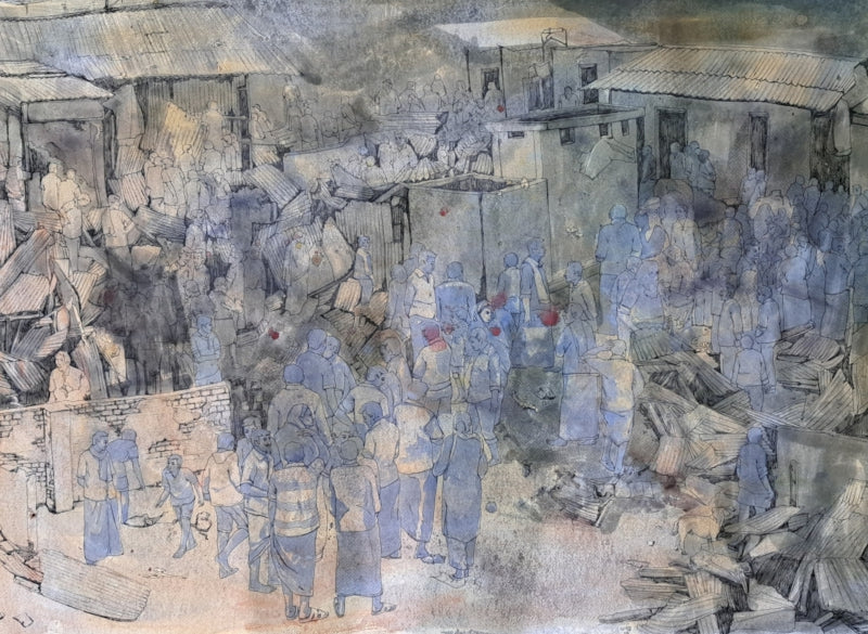 Eviction 2' figurative mixed-media painting by artist Krishnapada Maity, 30x44 inch, on paper