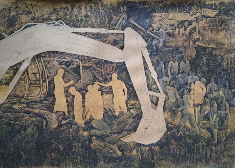 Eviction 3' figurative mixed-media painting by artist Krishnapada Maity, 27x40 inch, on paper
