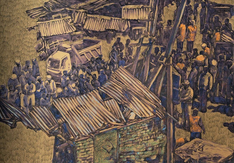 Eviction 4' figurative mixed-media painting by artist Krishnapada Maity, 27x40 inch, on paper