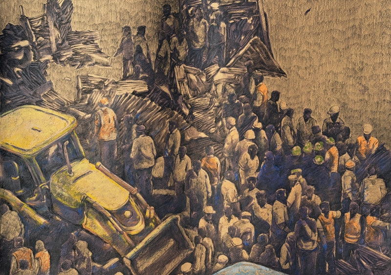 Eviction 5' figurative mixed-media painting by artist Krishnapada Maity, 27x40 inch, on paper