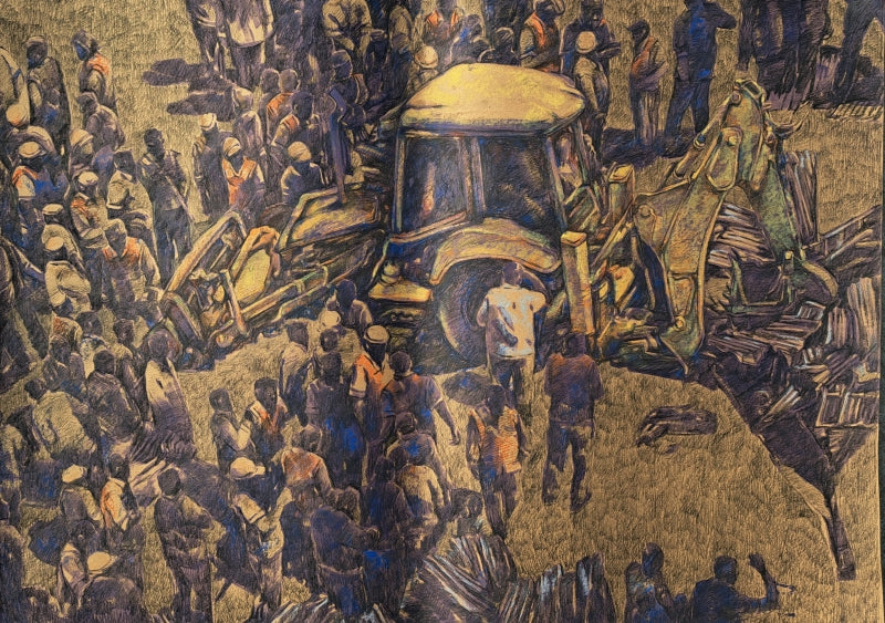 Eviction 6' figurative mixed-media painting by artist Krishnapada Maity, 27x40 inch, on paper
