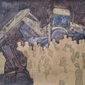 Eviction 7' figurative mixed-media painting by artist Krishnapada Maity, 27x40 inch, on paper
