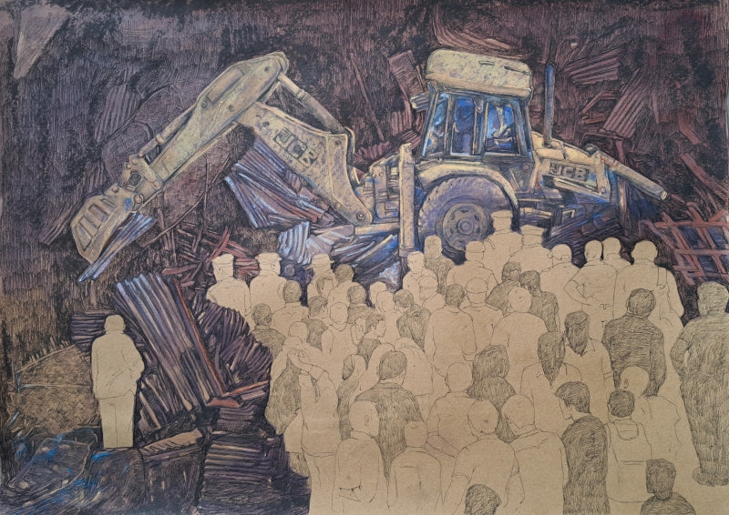 Eviction 7' figurative mixed-media painting by artist Krishnapada Maity, 27x40 inch, on paper