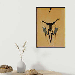 Manish Sutar's 'Excercising (Balancing Act: A Figurative Composition)' painting visualized above a sofa in a contemporary room.