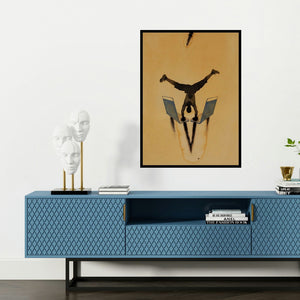 'Excercising (Balancing Act: A Figurative Composition)' painting by Manish Sutar shown on a wall in a furnished room.