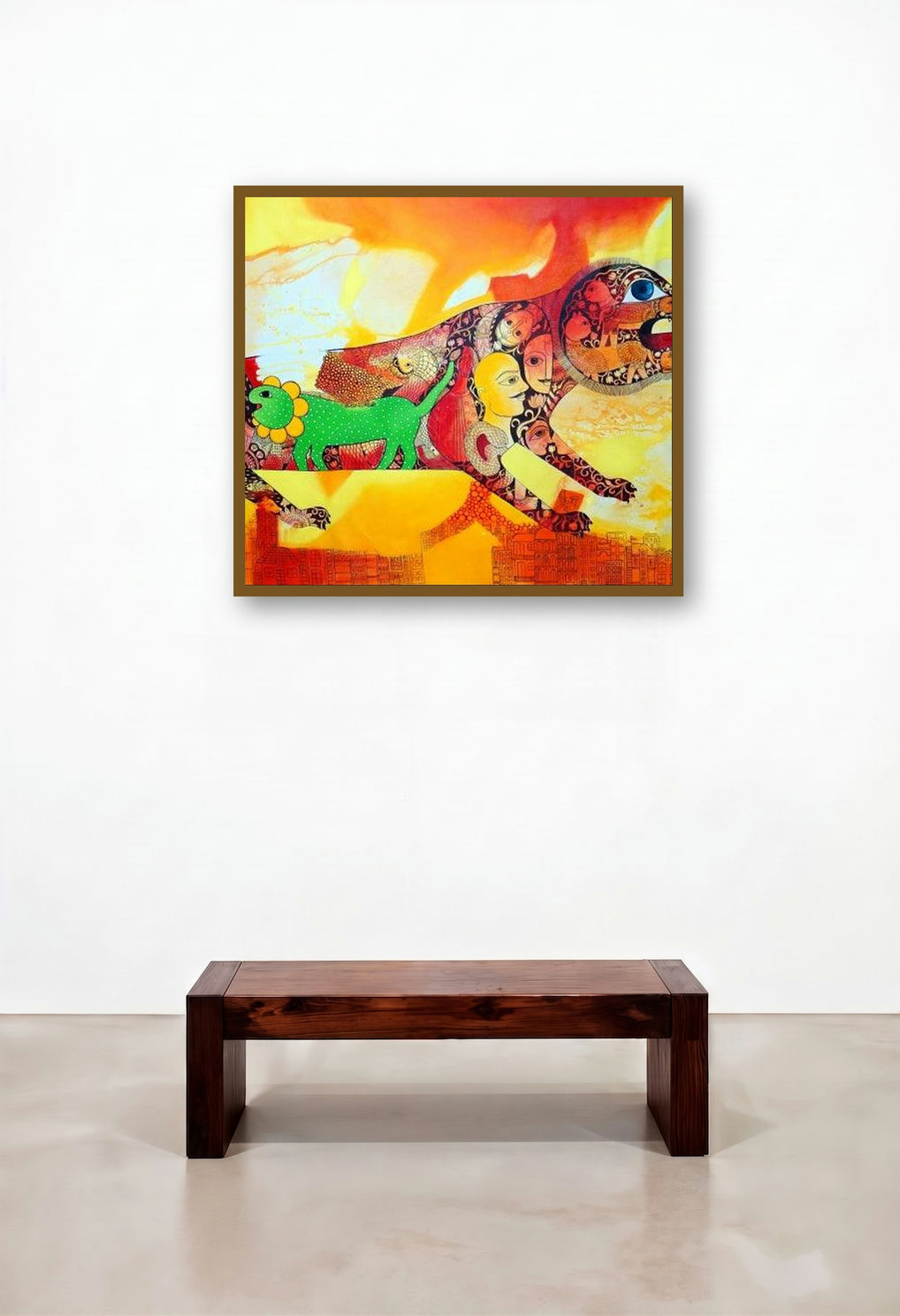 Excuse Me (The Lion's Transformation) by artist Meenakshi Jha Banerjee displayed in a Rustic Dining Room