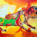 Figurative acrylic painting titled 'Excuse Me', 36x60 inches, by artist Meenakshi Jha Banerjee on Canvas