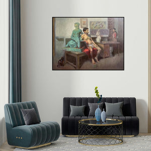 Abhijeet Patole's 'Existence' painting visualized above a sofa in a contemporary room.