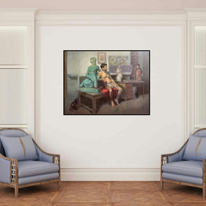 'Existence' painting by Abhijeet Patole shown on a wall in a furnished room.