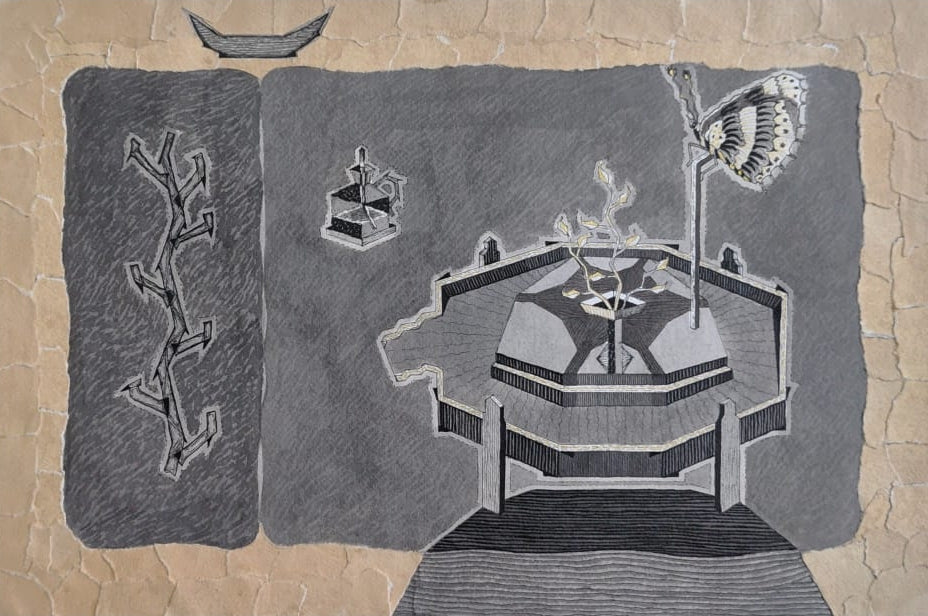 'Existence 40' contemporary mixed-media painting by artist Amol Khade, 22x14 inch, on paper