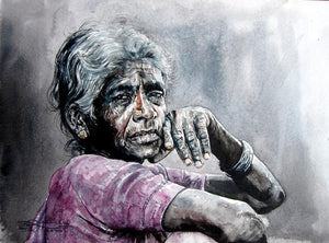 Expectation 2 by Srv Artist, Original Watercolor Figurative Painting on Handmade Paper, Small Horizontal Wall Art