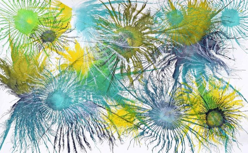 Abstract acrylic painting titled 'Exploflora Series No 18', 36x58 inches, by artist Sumit Mehndiratta on canvas