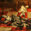 contemporary mixed media painting titled 'Exploitation Of The Unprivileged', 36x48 inches, by artist Rishi Raj on Canvas