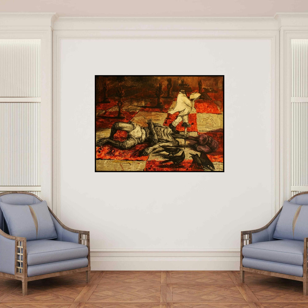 'Exploitation Of The Unprivileged (Endgame)' painting by Rishi Raj shown on a wall in a furnished room.
