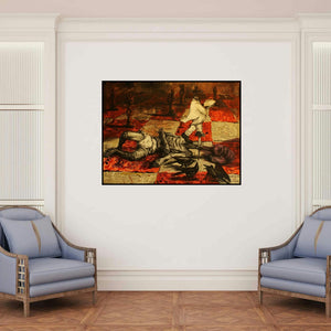 'Exploitation Of The Unprivileged (Endgame)' painting by Rishi Raj shown on a wall in a furnished room.