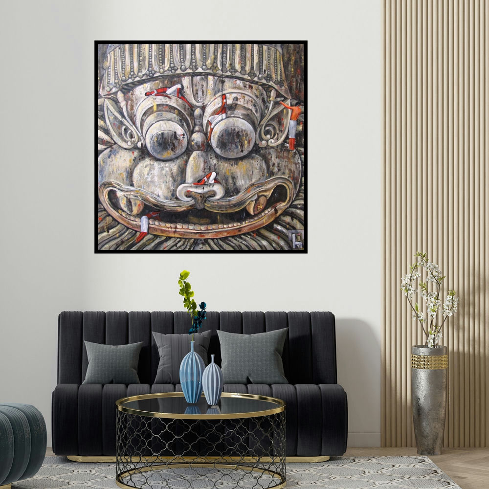 Suruchi Jamkar's 'Exploring The Divine Iii' painting visualized above a sofa in a contemporary room.