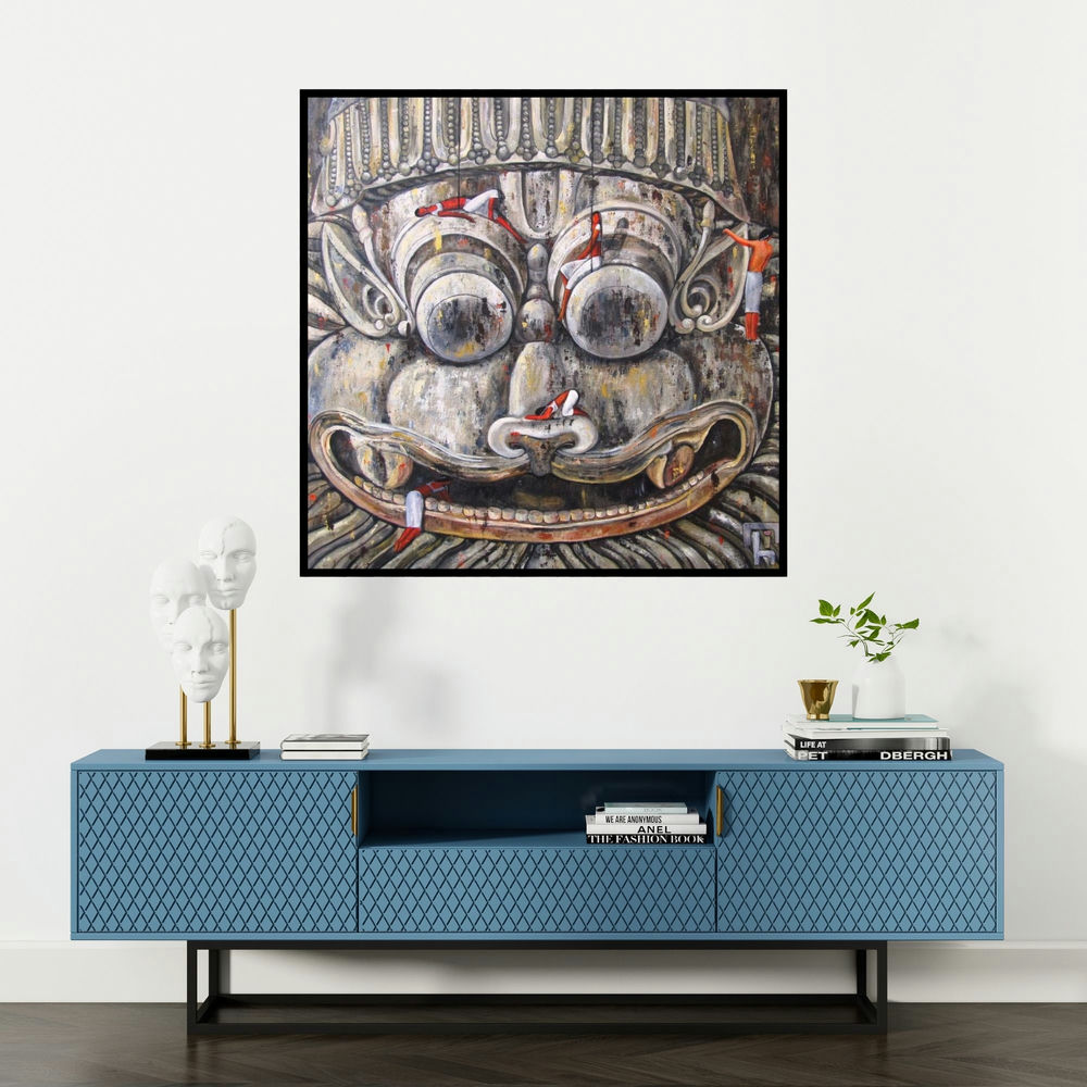 'Exploring The Divine Iii' painting by Suruchi Jamkar shown on a wall in a furnished room.