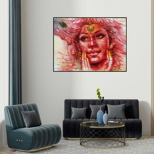 Darshan Sharma's 'External Beauty' painting visualized above a sofa in a contemporary room.