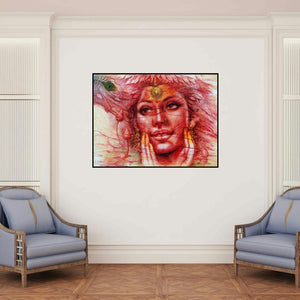 'External Beauty' painting by Darshan Sharma shown on a wall in a furnished room.