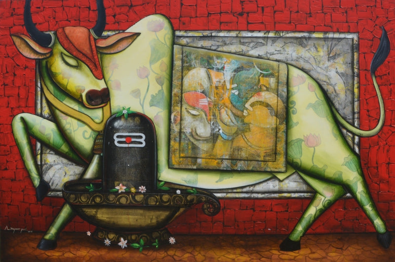 The External Connection' figurative acrylic painting by artist Anupam Pal, 48x72 inch, on canvas
