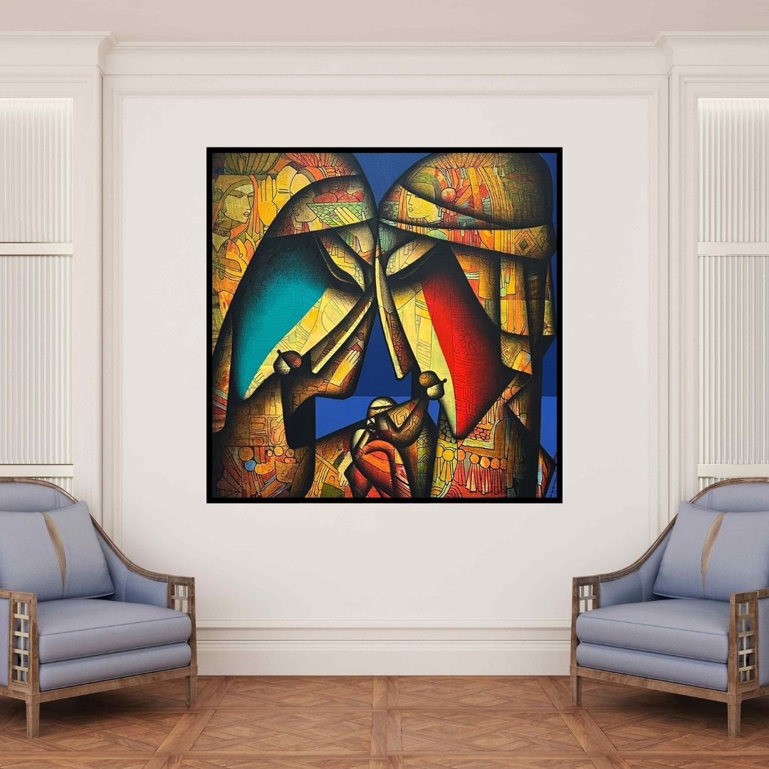 In-situ view of Jagannath Paul's 'External Love 2 (Celestial Embrace)' painting in a room