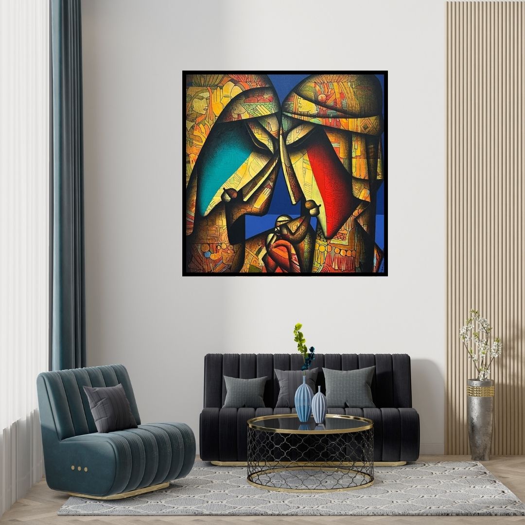 Preview of 'External Love 2 (Celestial Embrace)' Painting by Jagannath Paul shown on a wall in a furnished room.