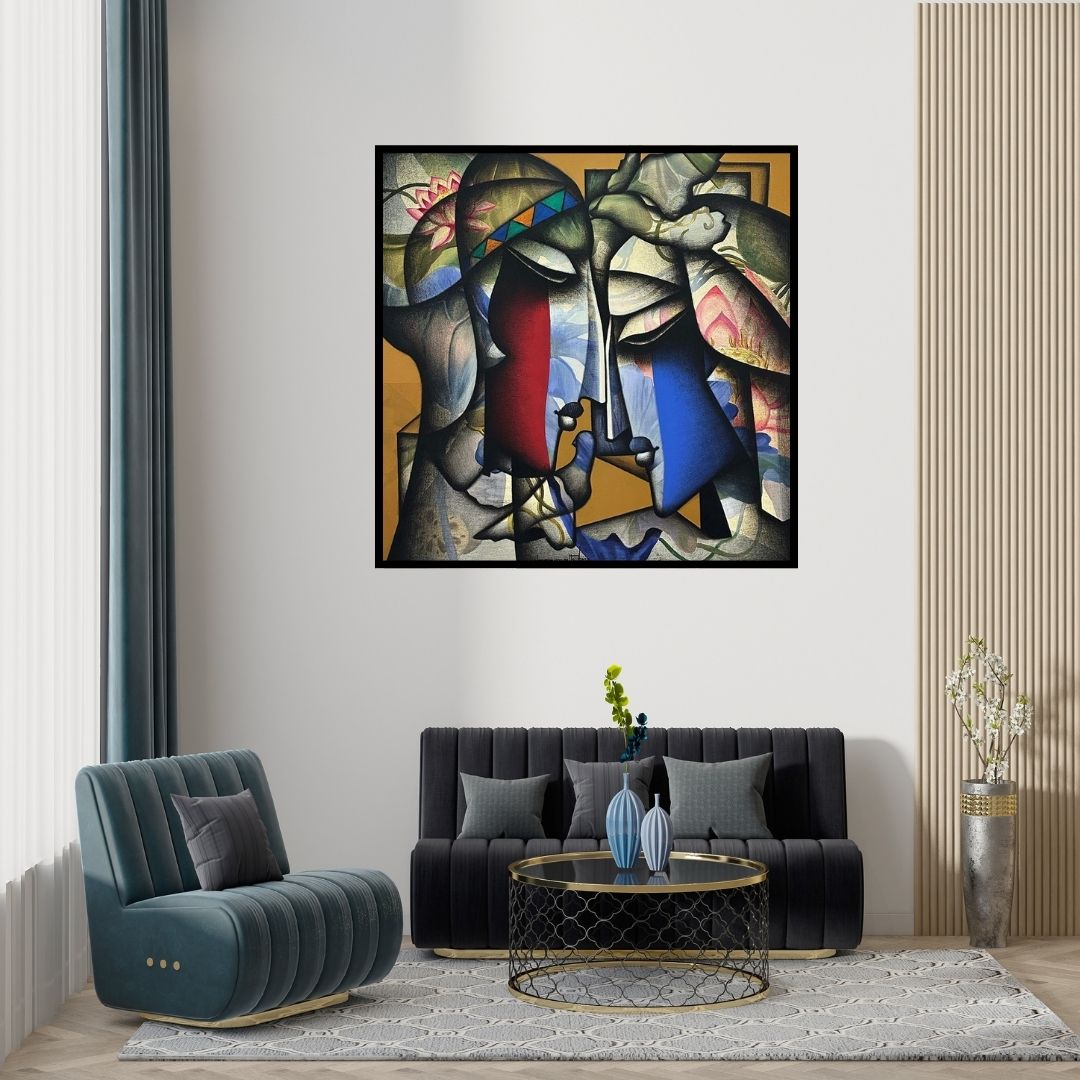 Preview of 'External Love (Celestial Embrace)' Painting by Jagannath Paul shown on a wall in a furnished room.