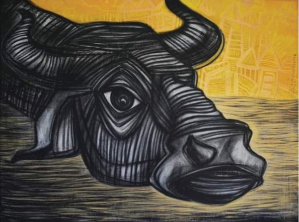 'The External Struggle 3' animals acrylic-charcoal painting by artist Pintu Biswas, 36x48 inch, on canvas
