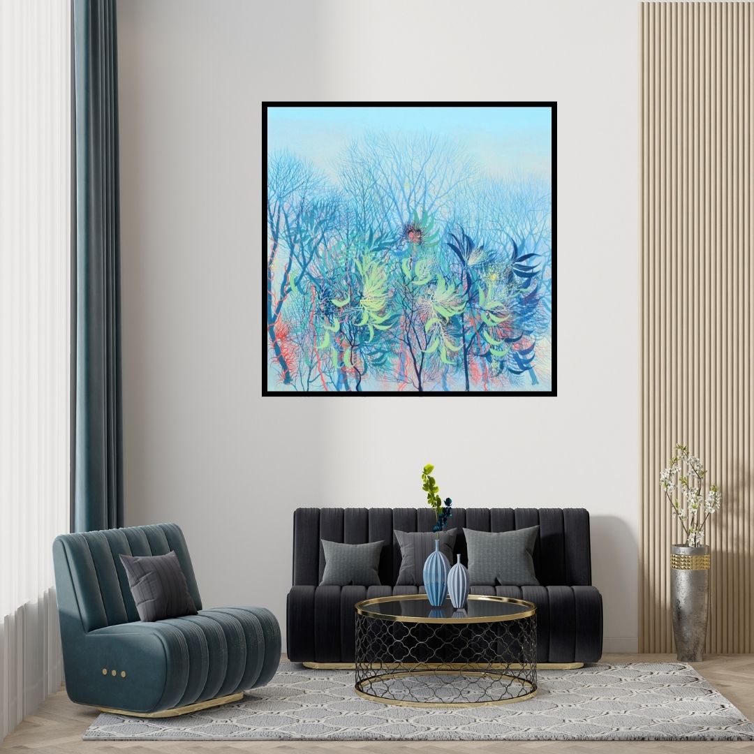 Preview of 'Exuberance Vi (Exuberance VI: A Celebration of Natures Abundance)' Painting by Kishore Kumar Sahu shown on a wall in a furnished room.
