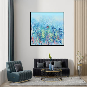 Preview of 'Exuberance Vi (Exuberance VI: A Celebration of Natures Abundance)' Painting by Kishore Kumar Sahu shown on a wall in a furnished room.