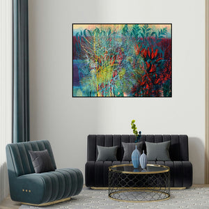 Kishore Kumar Sahu's 'Exuberance Xvi (Exuberance XVI: A Celebration of Natures Abundance)' painting visualized above a sofa in a contemporary room.