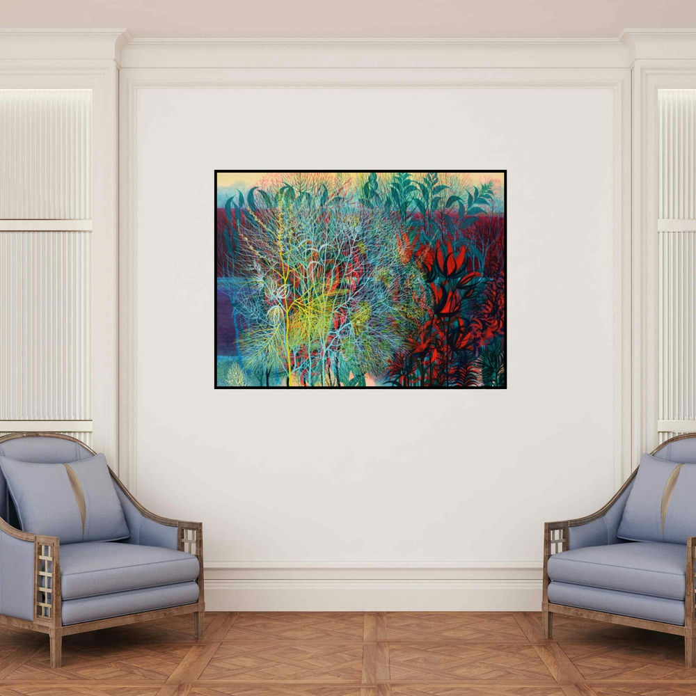 'Exuberance Xvi (Exuberance XVI: A Celebration of Natures Abundance)' painting by Kishore Kumar Sahu shown on a wall in a furnished room.