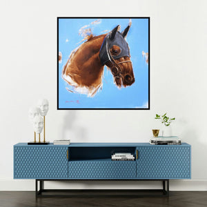 'An Eye For Detail (Equine Majesty)' painting by Aditya Shirke shown on a wall in a furnished room.