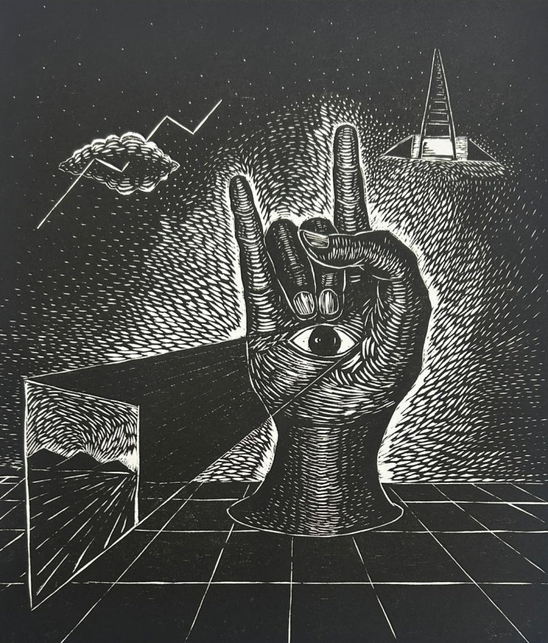 Eye On Land' contemporary wood cut printmaking by artist Prashant Kuwar, 22x20 inch, on paper