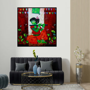 Sharmi Dey's 'Eywa' painting visualized above a sofa in a contemporary room.