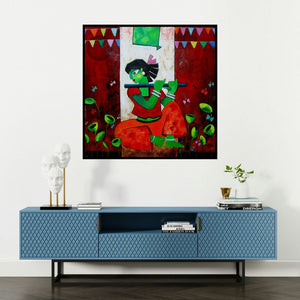 'Eywa' painting by Sharmi Dey shown on a wall in a furnished room.