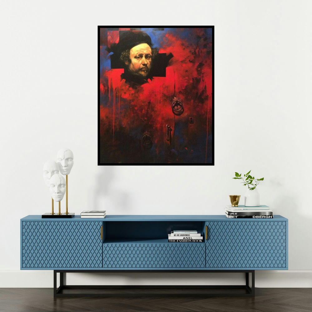 Bappa Haldar's 'Face 2' painting visualized above a sofa in a contemporary room.