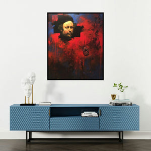 Bappa Haldar's 'Face 2' painting visualized above a sofa in a contemporary room.