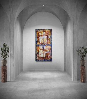 Preview of 'Face To Face' Painting by Rajesh Yadav shown on a wall in a furnished room.