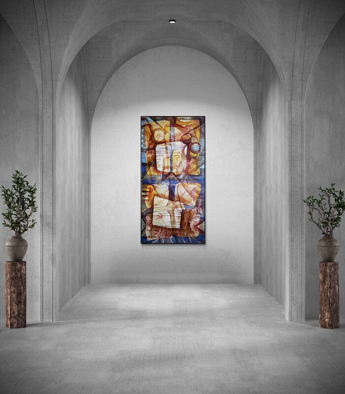 Preview of 'Face To Face' Painting by Rajesh Yadav shown on a wall in a furnished room.