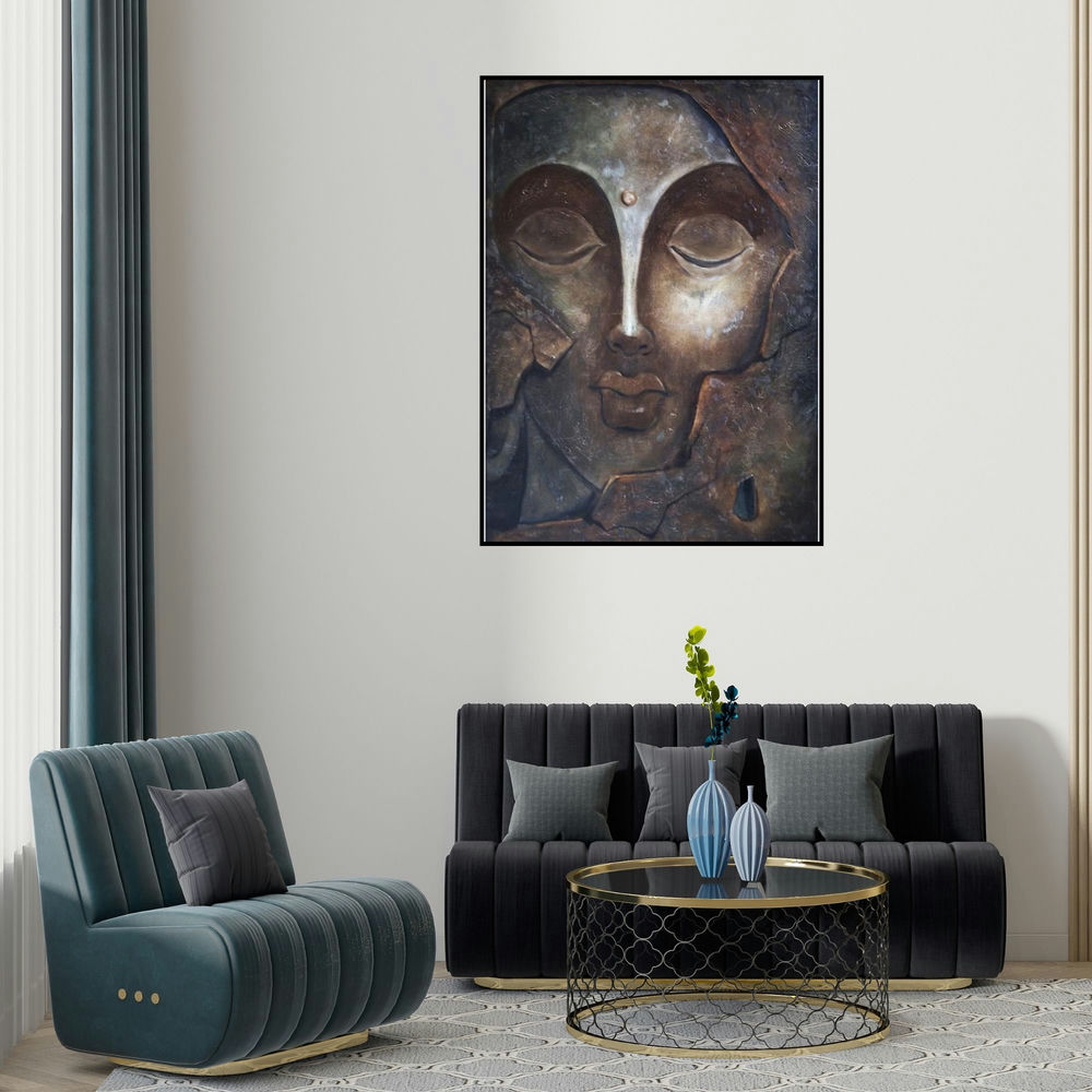 Manoj Muneshwar's 'The Face I (Inner Peace)' painting visualized above a sofa in a contemporary room.